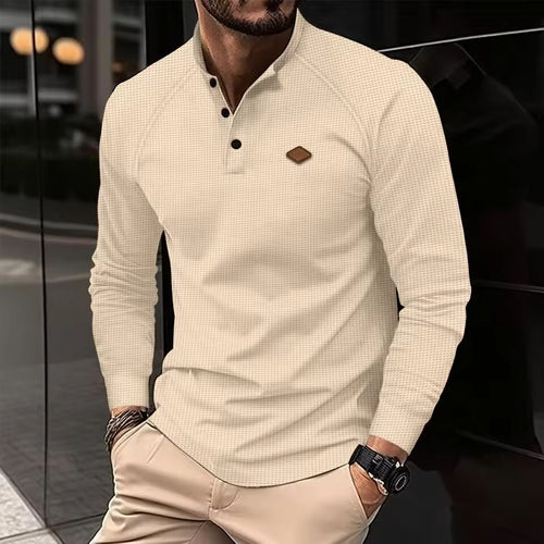 2025 Best-Selling New Vintage Waffle Solid Color Men's Henry Shirt Breathable Casual business, Men Button Down Round Neck Long S
