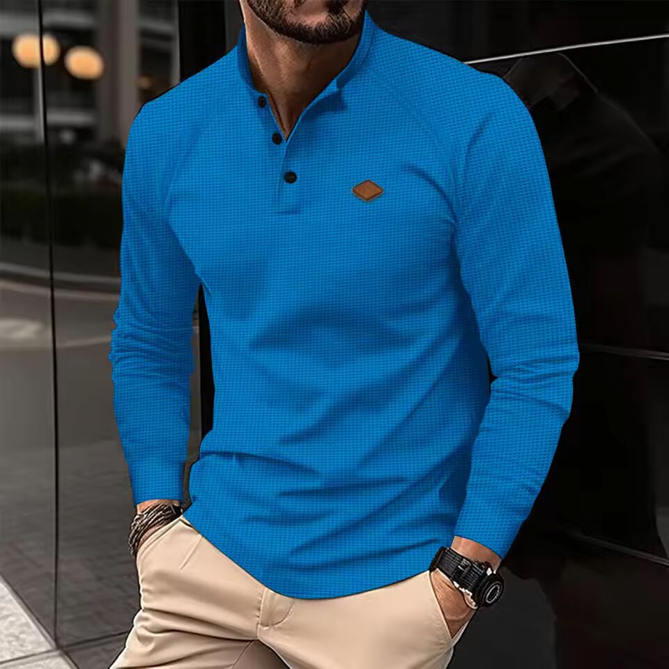 2025 Best-Selling New Vintage Waffle Solid Color Men's Henry Shirt Breathable Casual business, Men Button Down Round Neck Long S