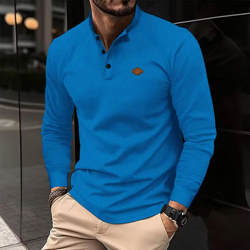 2025 Best-Selling New Vintage Waffle Solid Color Men's Henry Shirt Breathable Casual business, Men Button Down Round Neck Long S