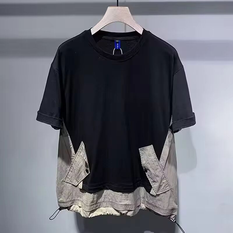 Japanese Cargo Spliced Shirt High-end Design Short-sleeved T-shirts Men Contrast Color Harajuku Tee Personalized Casual T-shirts