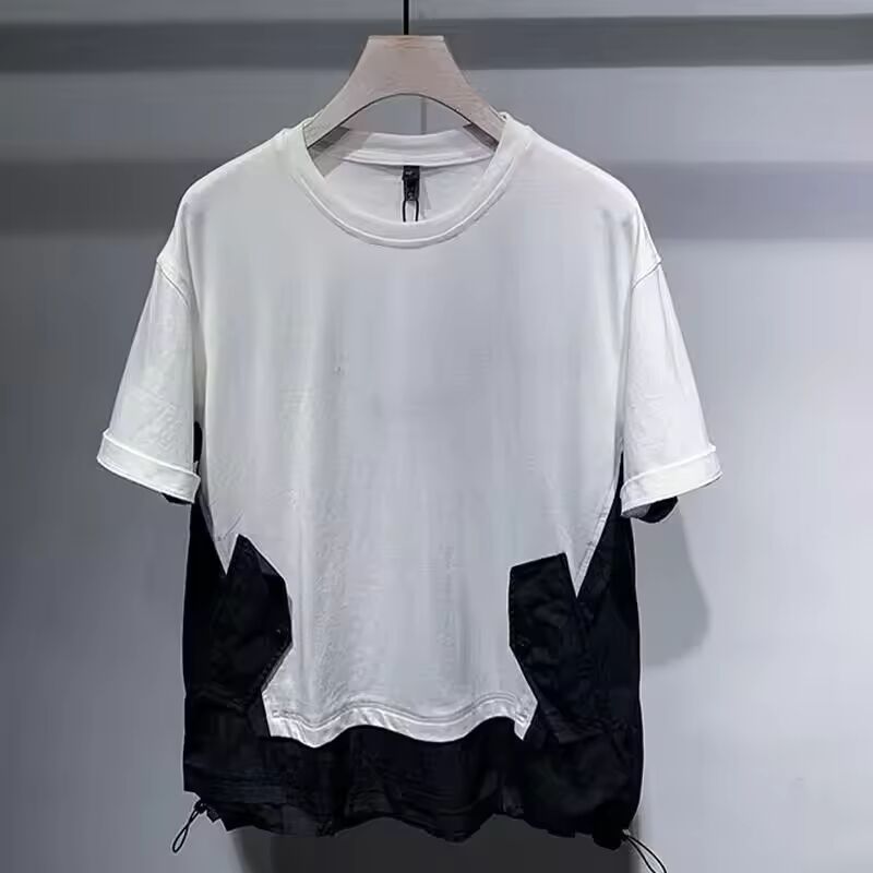 Japanese Cargo Spliced Shirt High-end Design Short-sleeved T-shirts Men Contrast Color Harajuku Tee Personalized Casual T-shirts