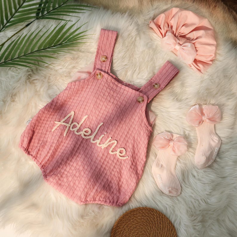 Personalized Girls Pink Bow Romper Set,Baby Girls Name Embroidery Romper,Personalized Baby girl clothing,1st birthday gift, Birthday outfits